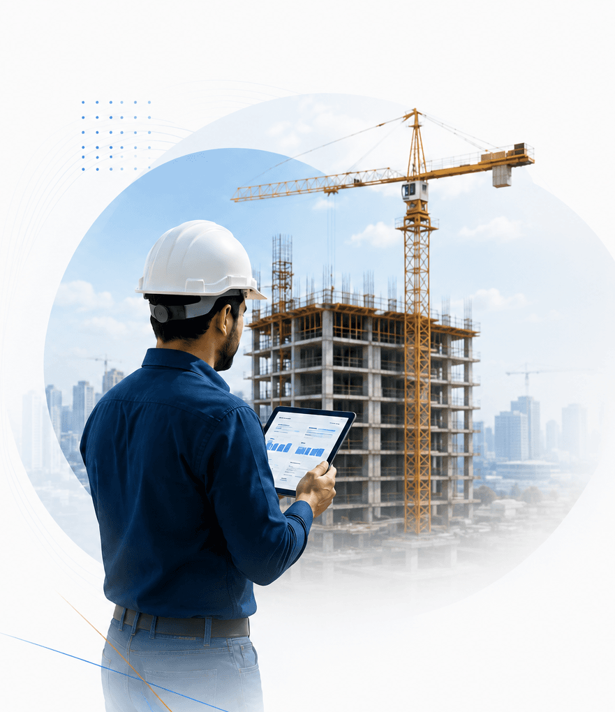 Site engineer reviewing project progress on a tablet at a construction site